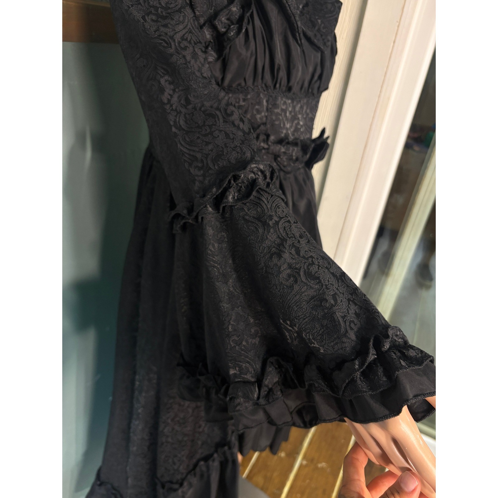 Victorian Black Damask Jacquard High Low Ruffle Bell Sleeve Dress Bows