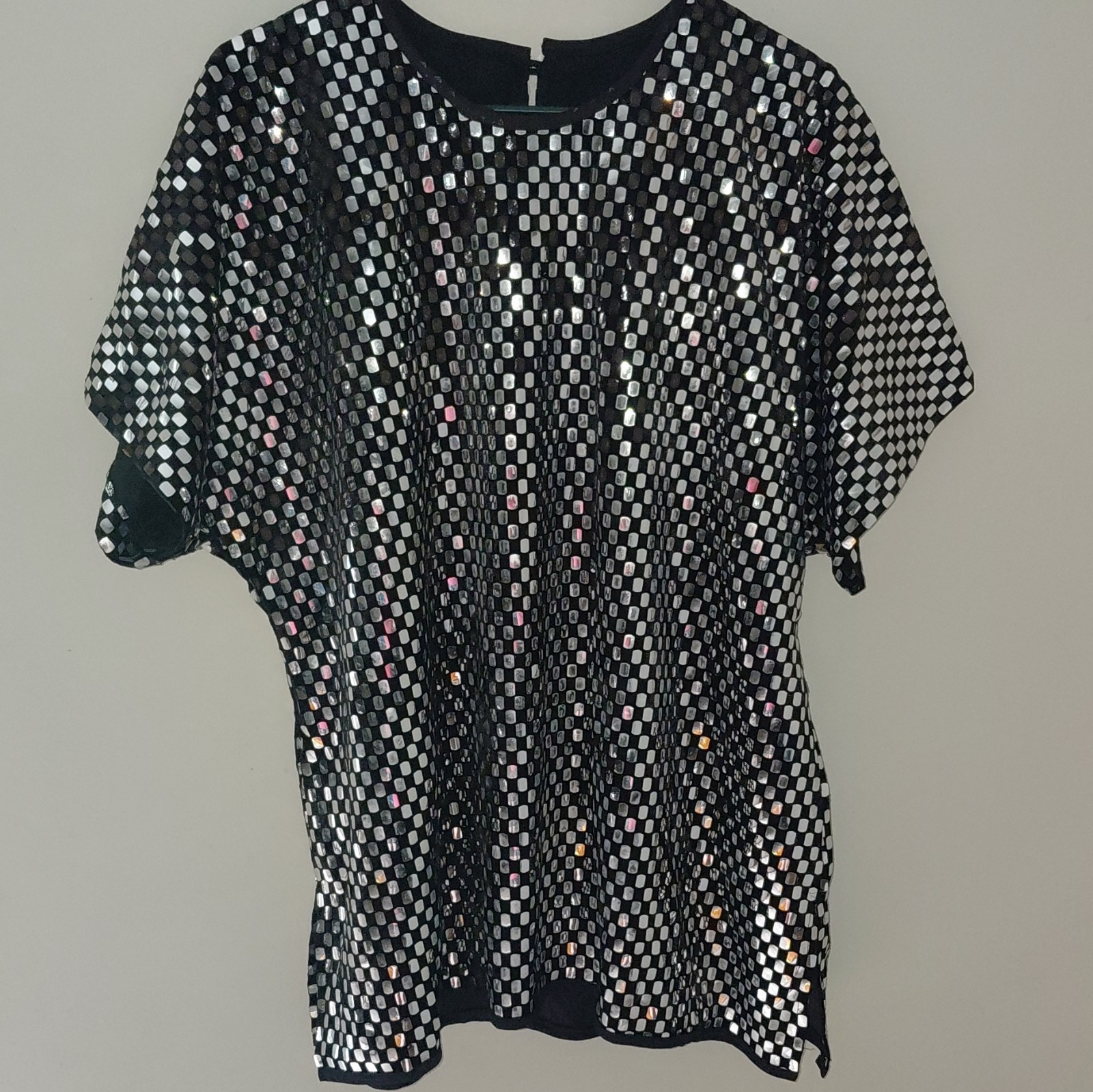 Michael Allen Ltd Vintage Black Silver Sequin Geometric Dolman Sleeve Blouse L