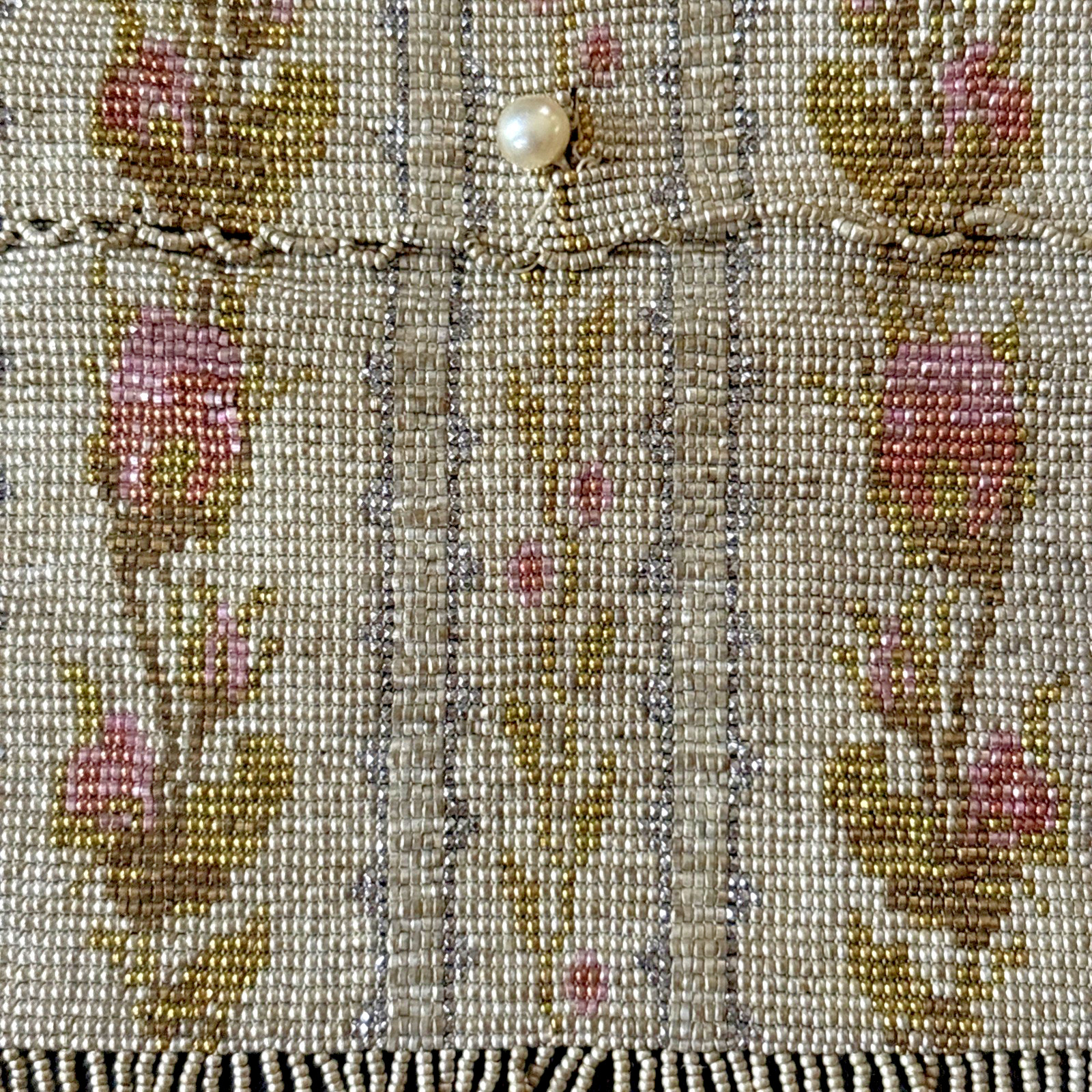 Antique Victorian/Edwardian Era Bag Glass Seed Beaded Floral FRANCE 5.25×5.5″