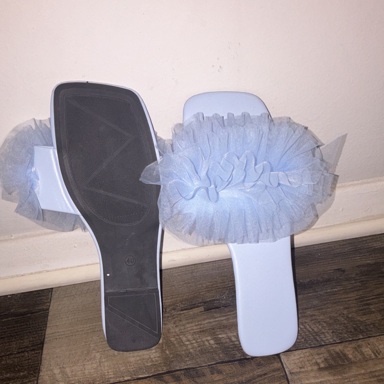 Women’s Light Blue Ruffle Slip-On Slide Sandals Flat Synthetic Upper EU 40