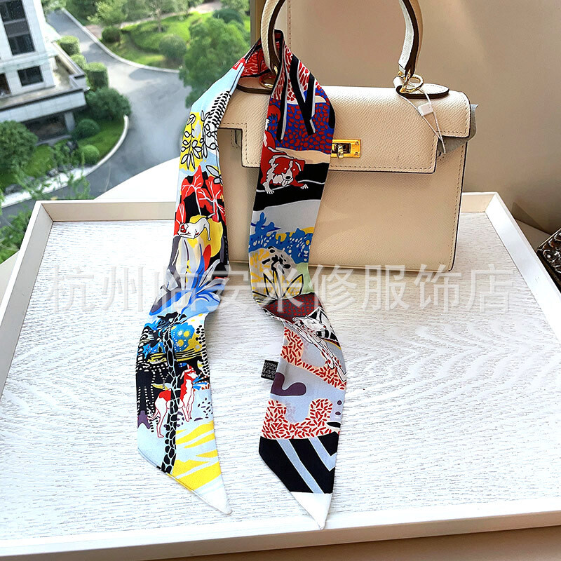 Sally Mulberry Twill Silk Scarf Ribbon Dogs Print Slim Head Band Neck Tie 90x5cm