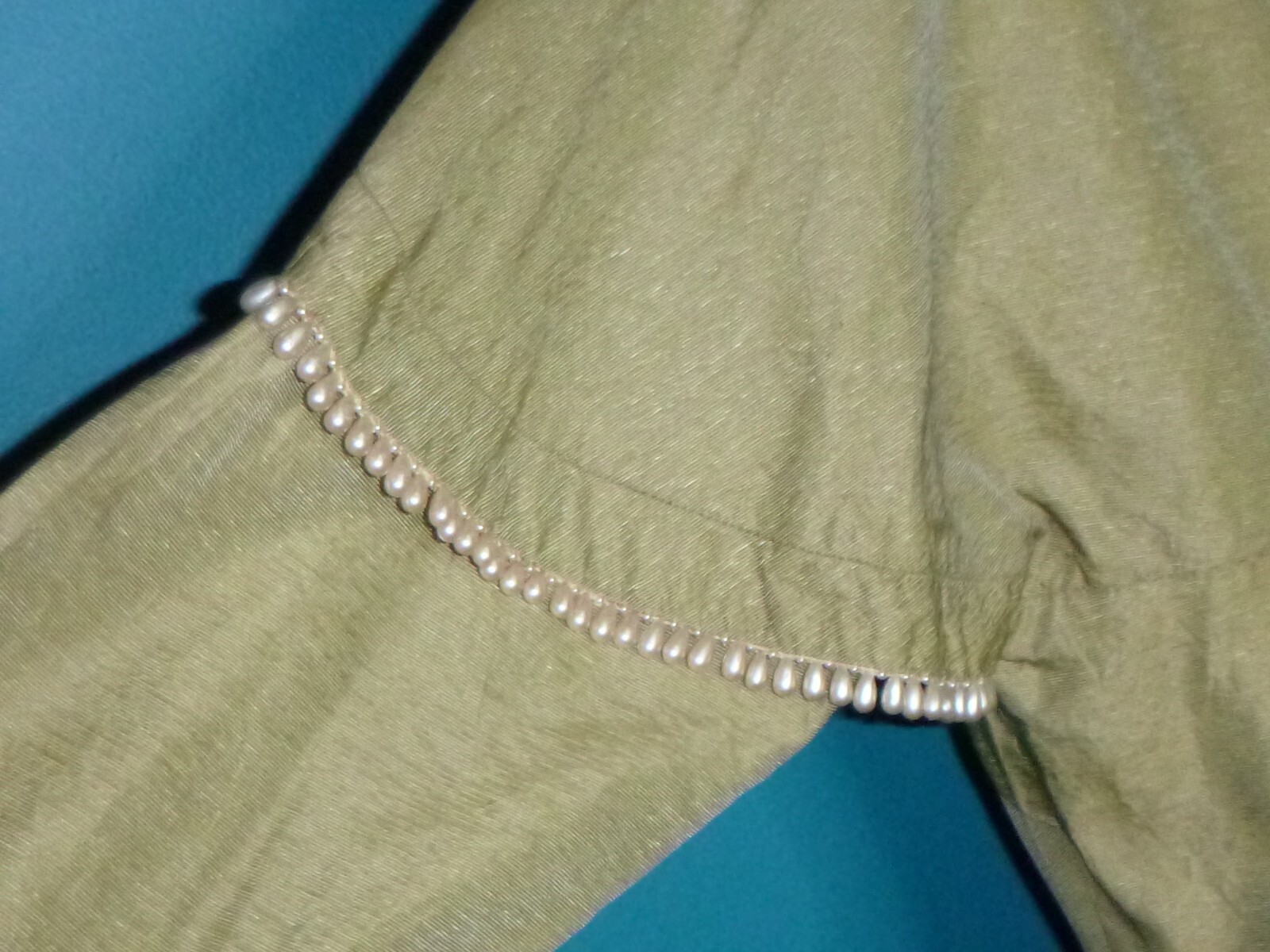 Vtg 50s Shawl Collar Dress Khaki Satin Fabric Teardrop Pearl Bead Accents Sz S
