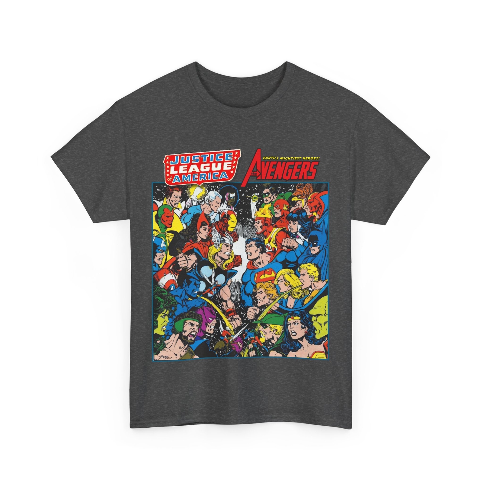 Justice League/Avengers T-Shirt – DC & Marvel Comics Art – George Perez – JLA