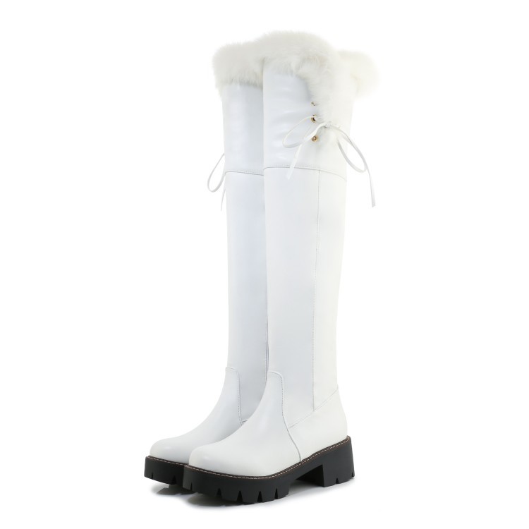Winter Women’s Lace Up Furry Over The Knee High Long Boots Zip Mid Heel Shoes
