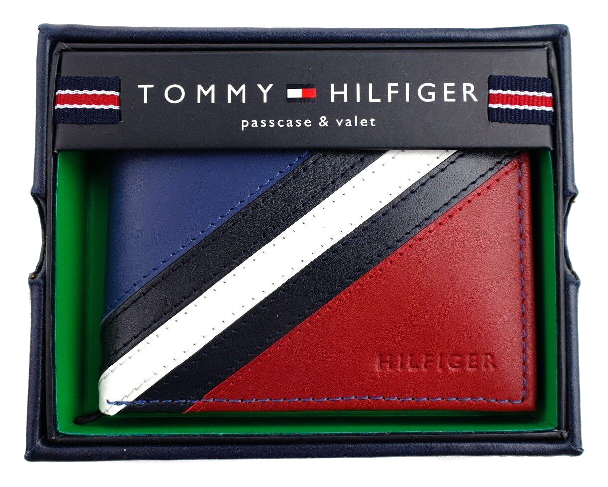 Tommy Hilfiger Men’s Leather Wallet Passcase Billfold Red Navy 31TL22X051