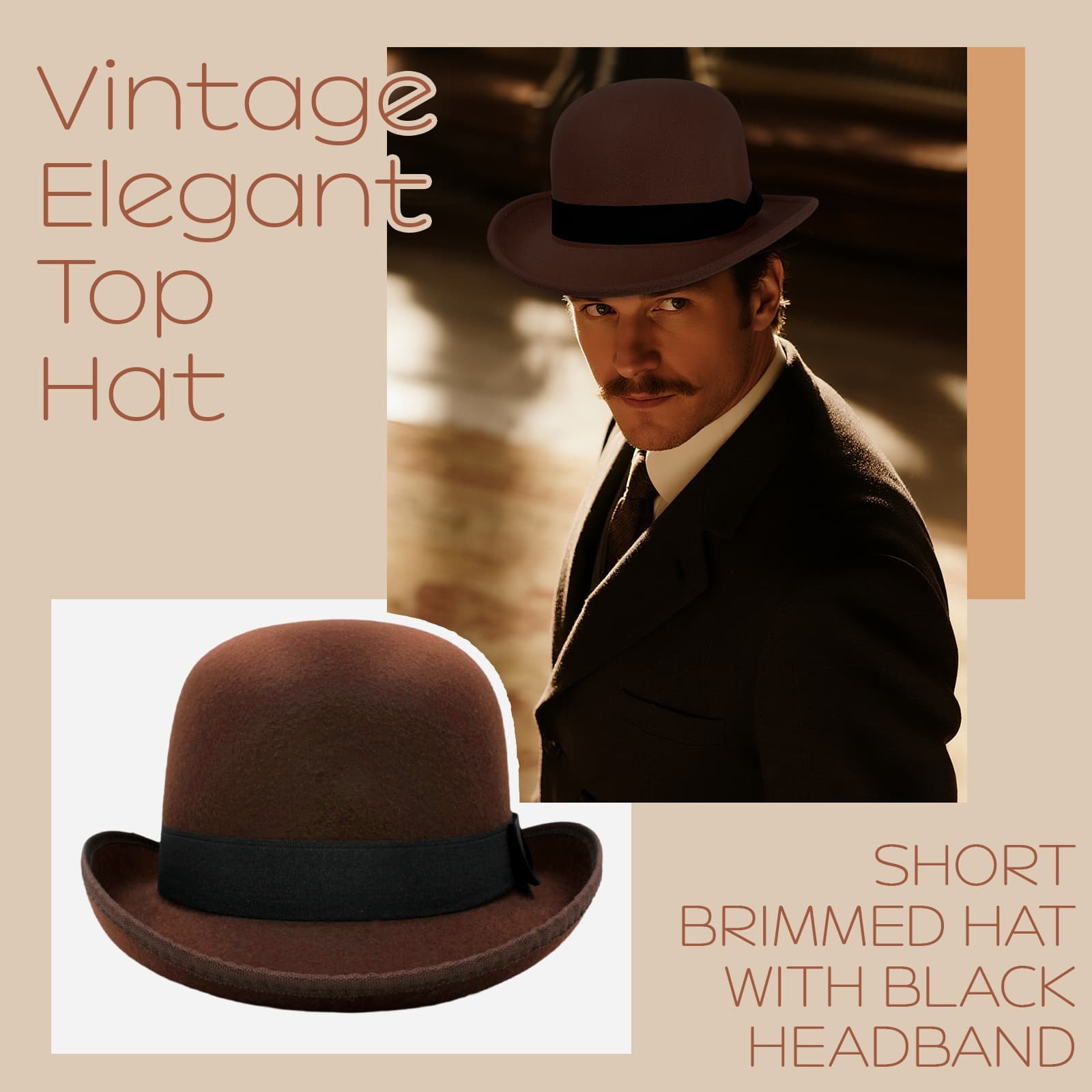 Men Retro Elegant Bowler Hat Short Brim with Hat Band for Formal Casual Wedding