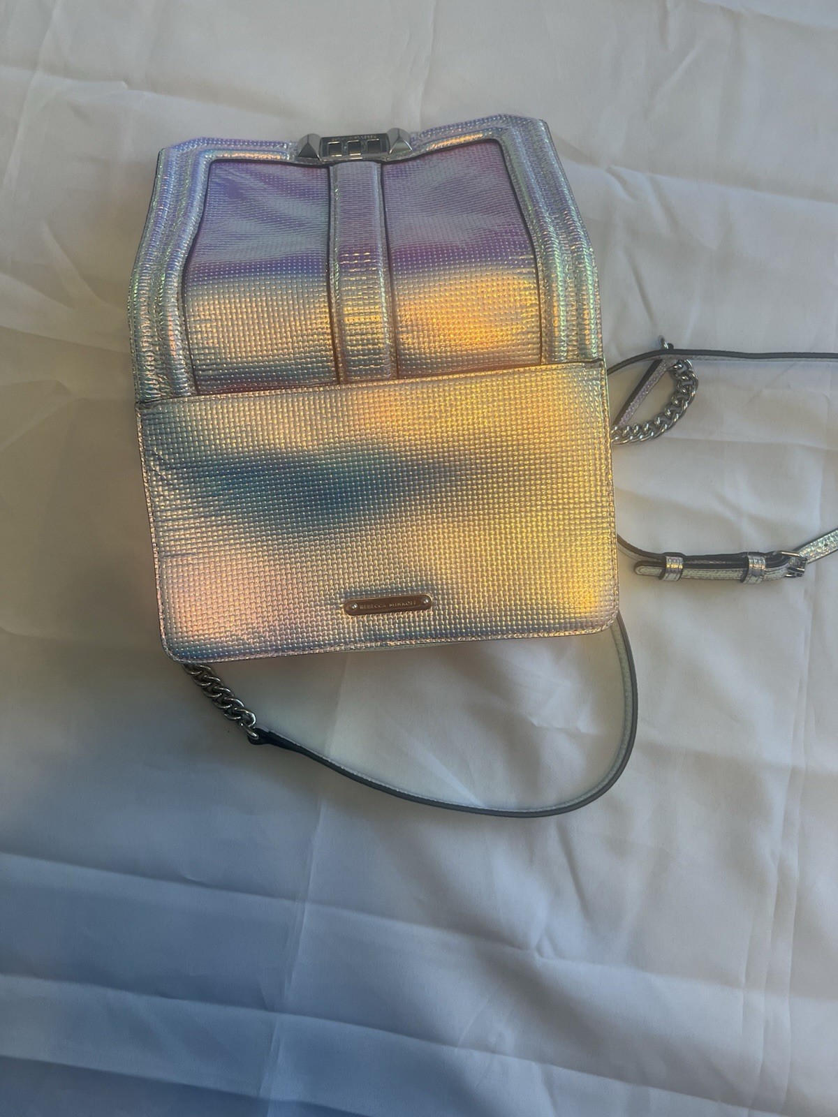 Rebecca Minkoff Iridescent Silver Crossbody Bag Turn Lock Chain Strap Detach