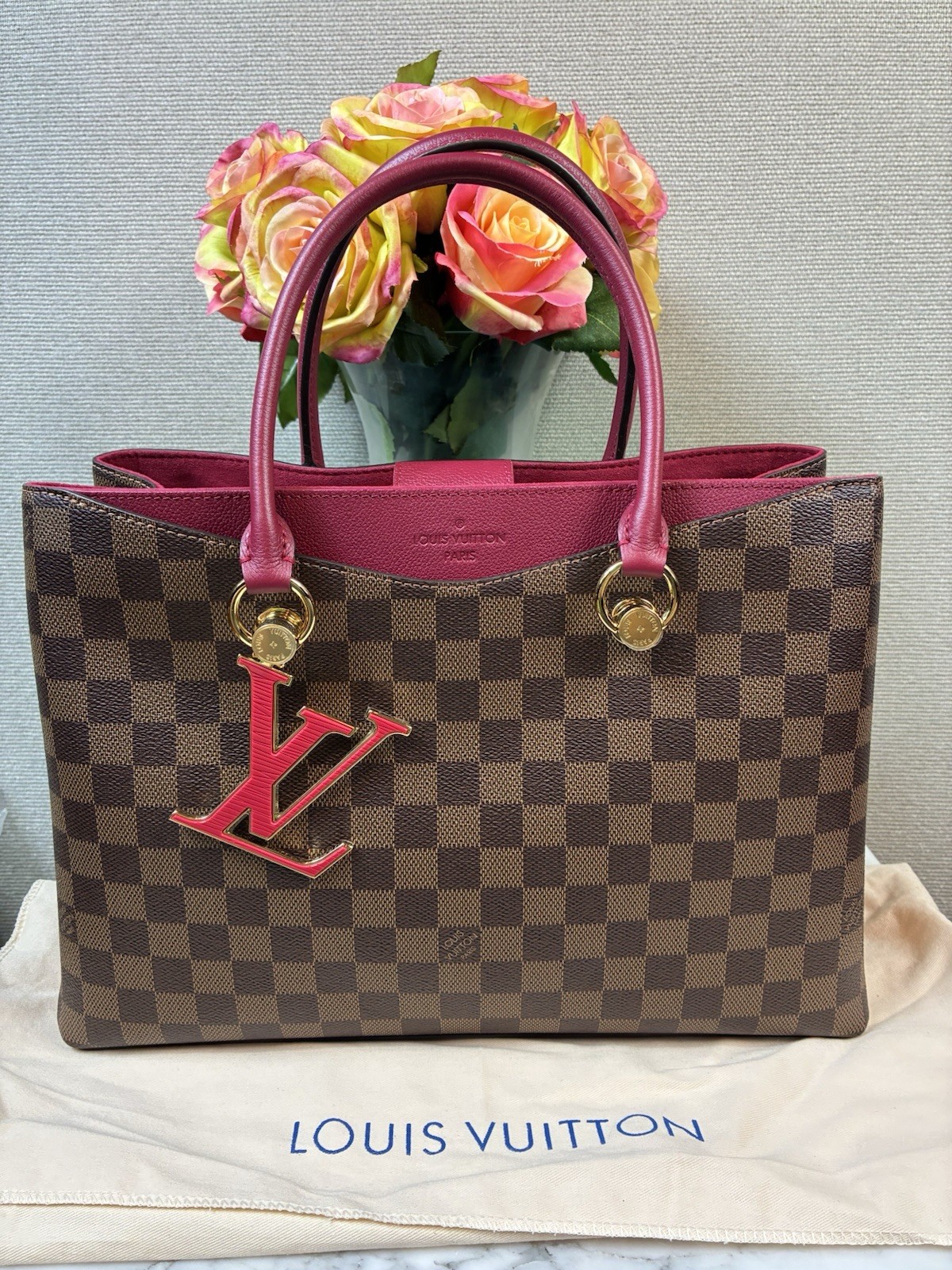 Louis Vuitton LV Damier Ebene Riverside Tote w/ Magenta Leather & LV Charm – NWT