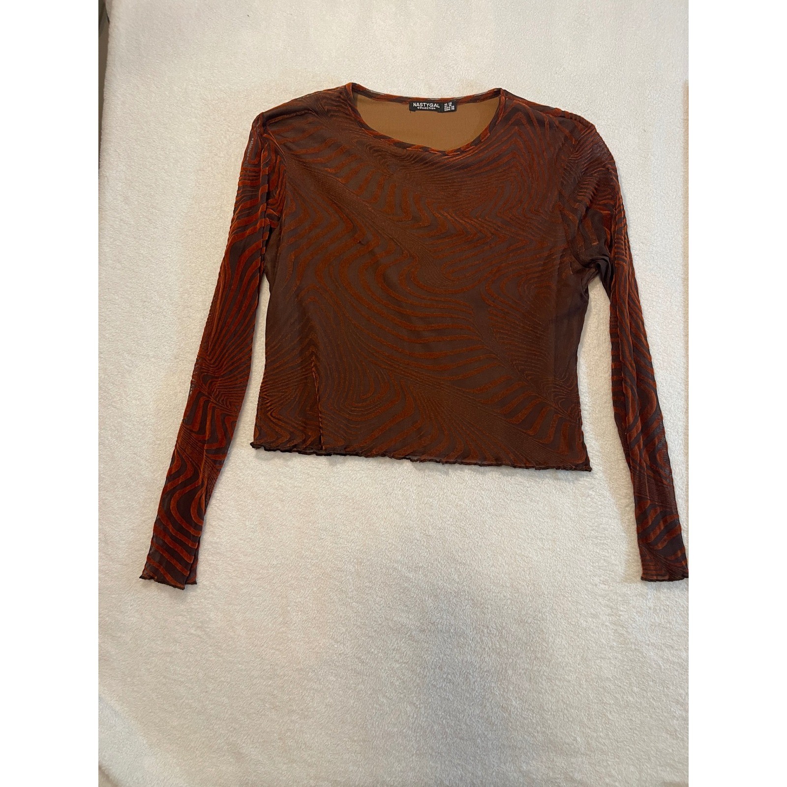 Nasty Gal Brown Orange Swirl Mesh Long Sleeve Crop Top Plus Size 16 Lettuce Edge
