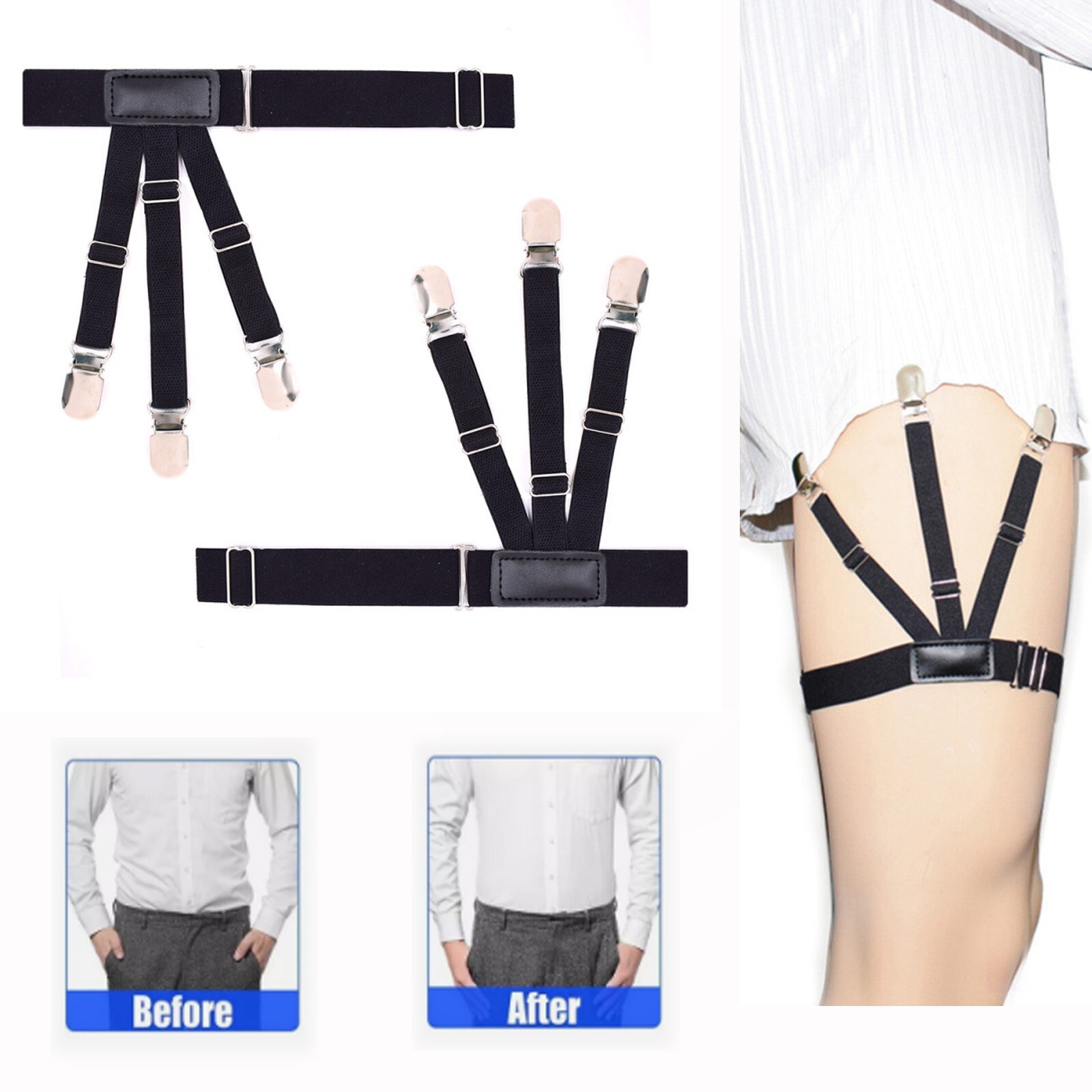 1 Pair Men’s Shirt Stay Holder Leg Thigh Suspender Elastic Garter Non-Slip Black