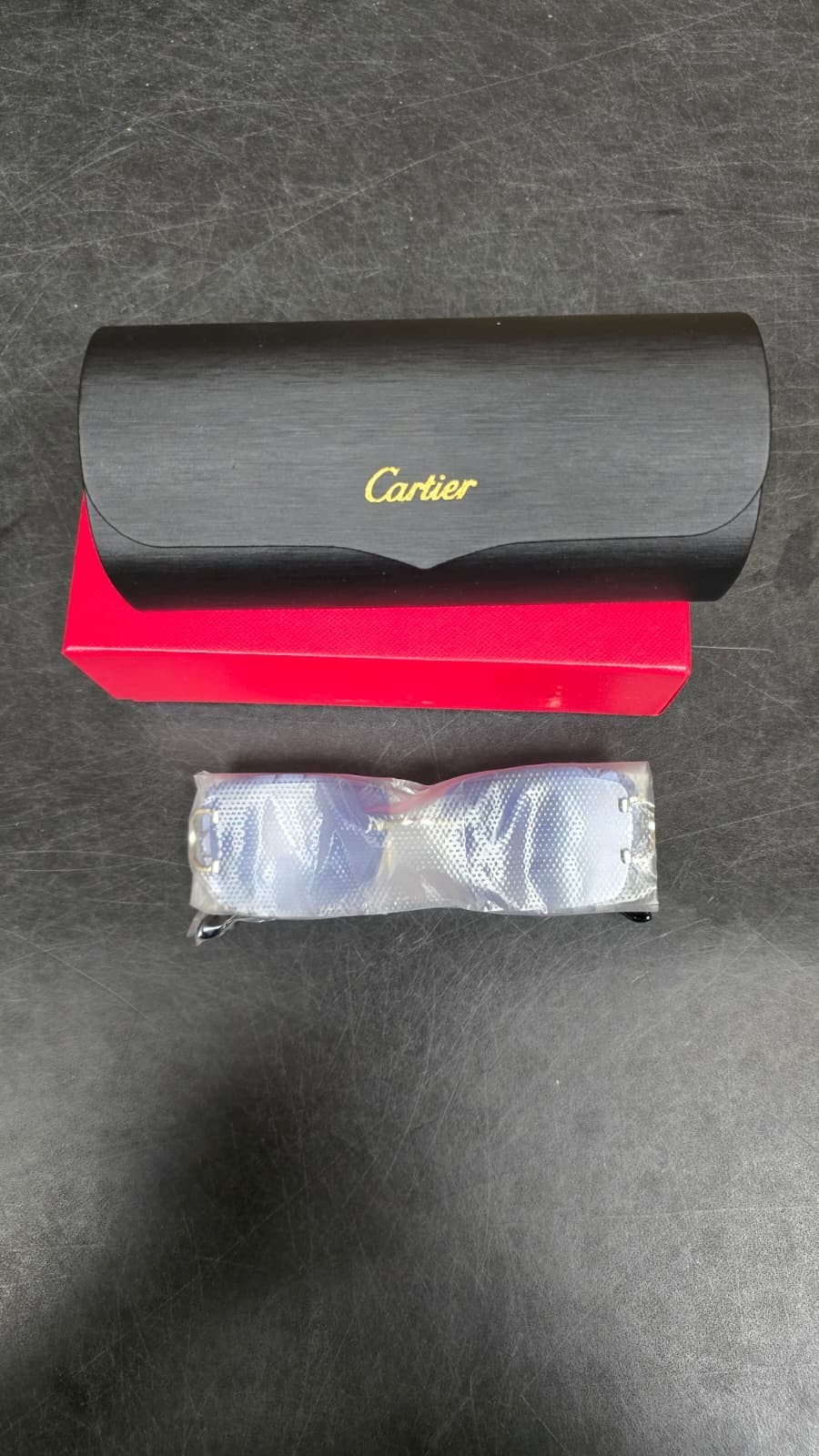 Cartier Big C Diamond Cut Red to Blue Fade Frameless Lens Gold Frame Big Box Ed.