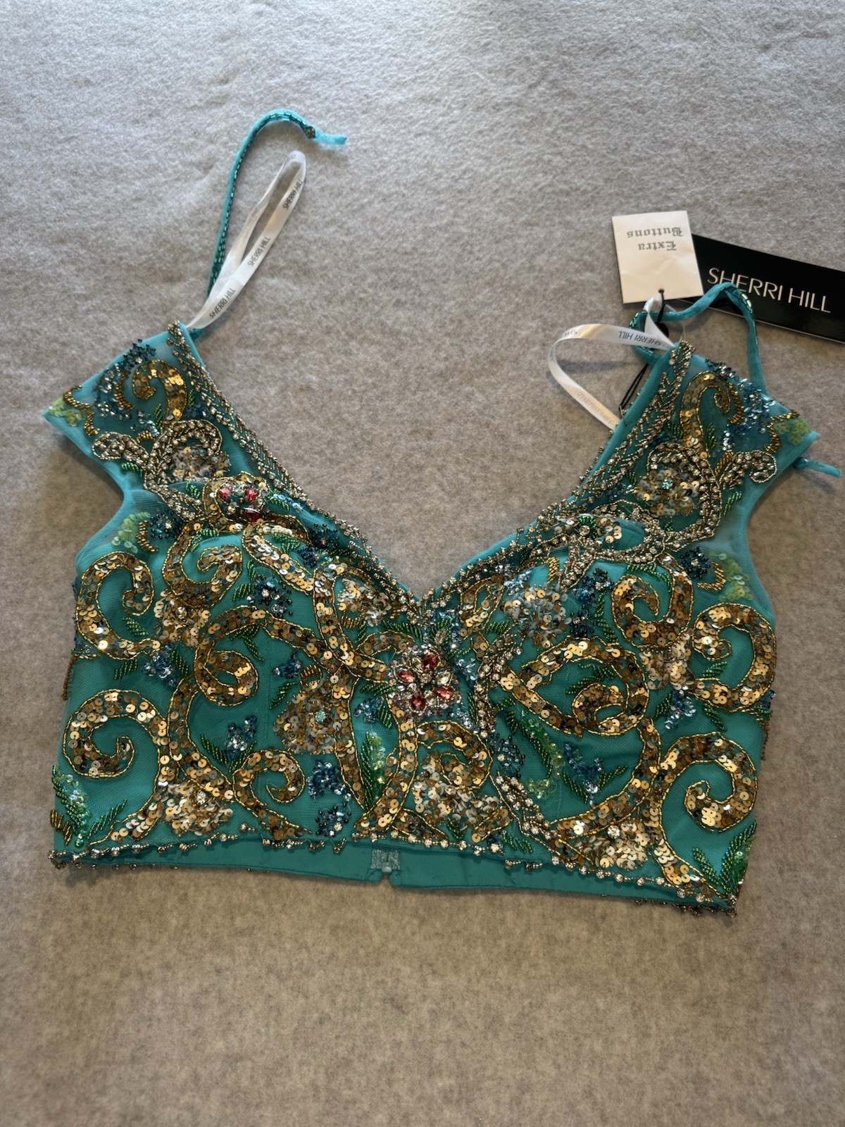 Sherri Hill Aqua Beaded Sequin Mermaid Gown V-Neck two-piece Long Formal 4