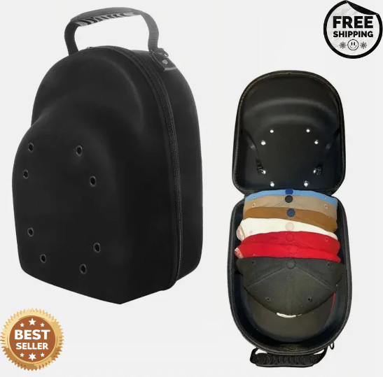 Baseball Cap Carrier Hat Box Travel Case for Hats Caps Fits 6 Hats Black Zipper.