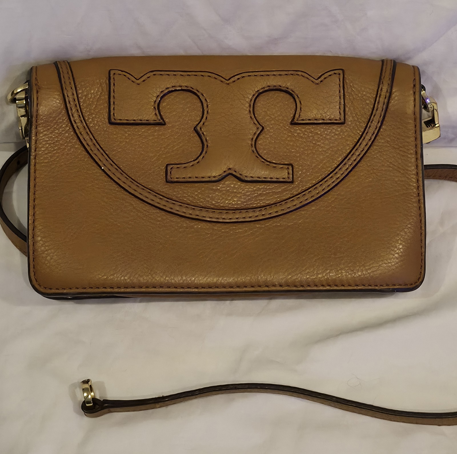 Tory Burch Brown Pebbled Crossbody Bag with Logo, Magnetic Closure, Gold