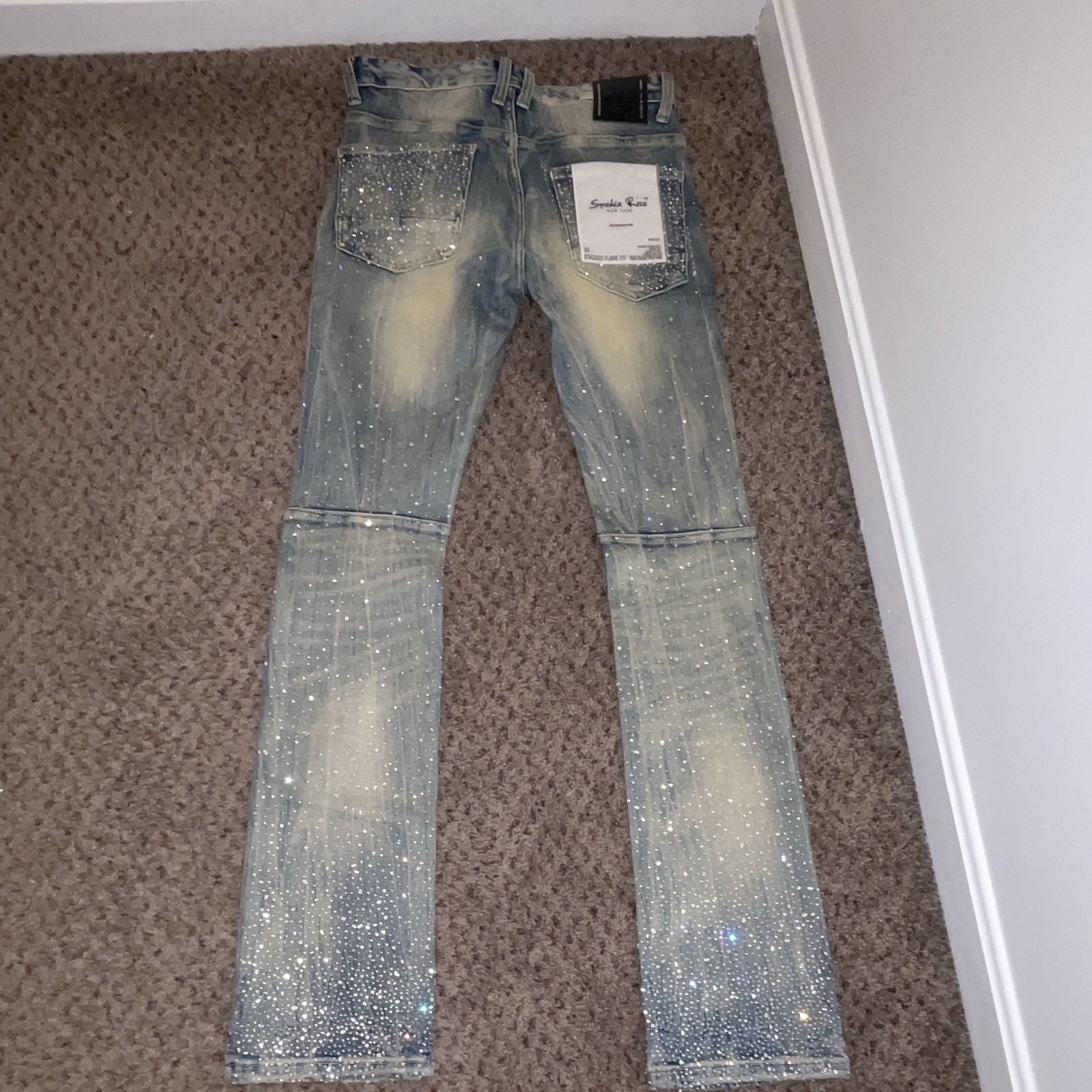 Smoke Rise Men’s Light Wash Blue Rhinestone Logo Stacked Flare Jeans
