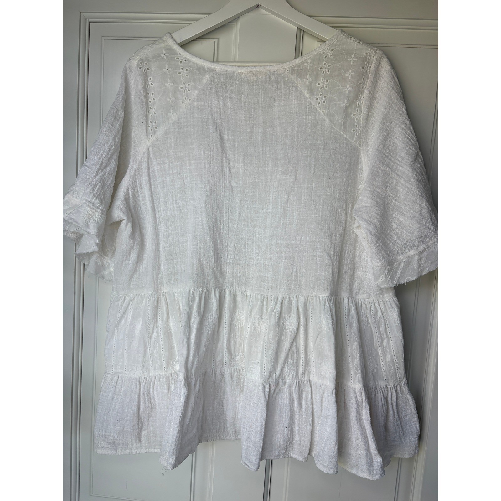 Easel Babydoll Top Large White Eyelet Embroidered Tiered Cotton Gauze Boho