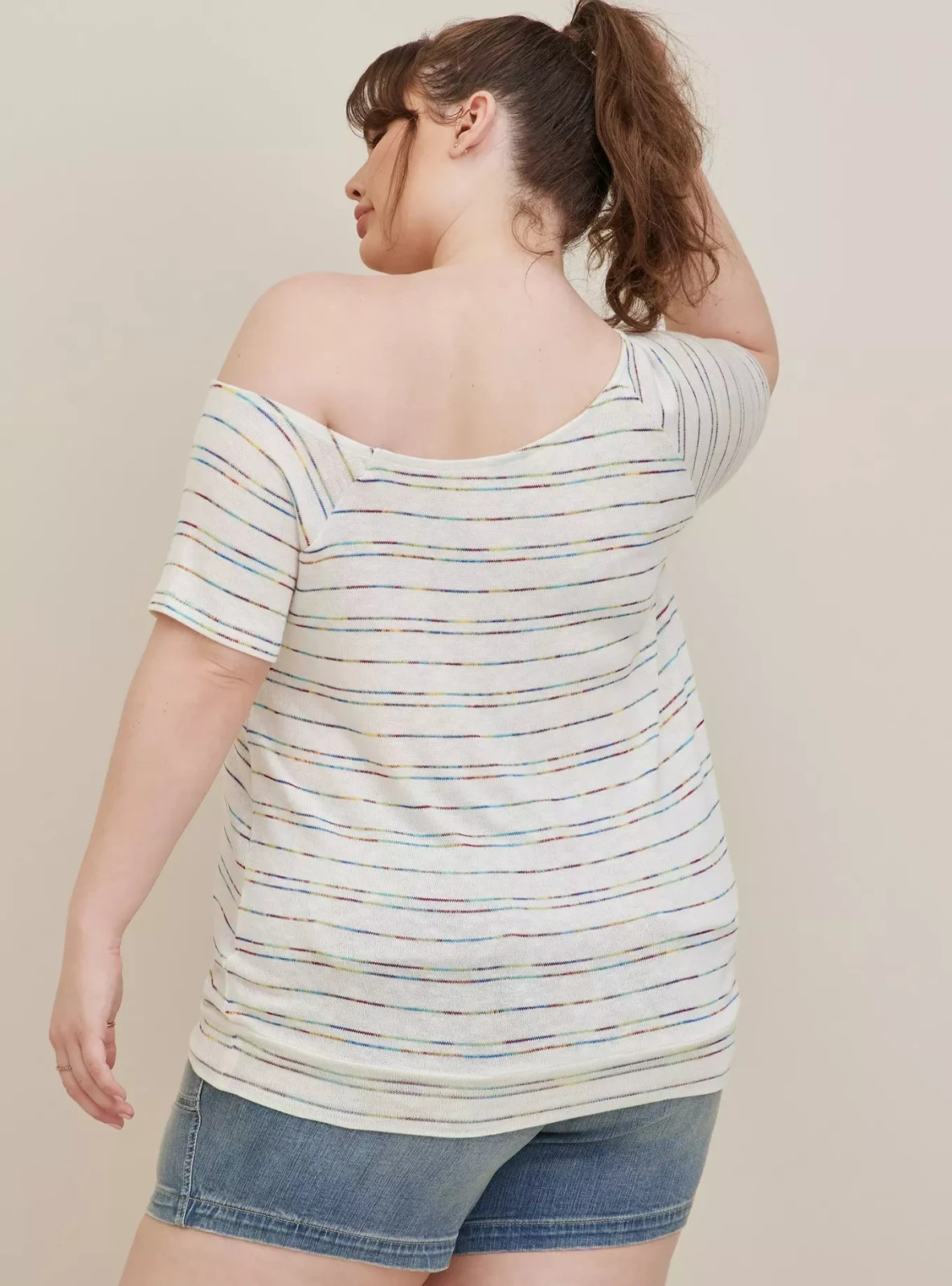 NWT Torrid Hacci Knit Top Size 00 M 10 Off Shoulder Rainbow Stripe Raglan Tee