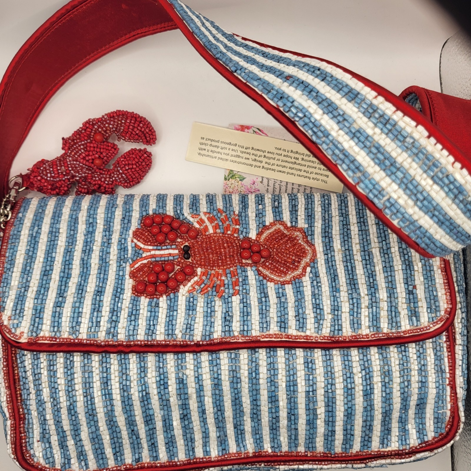 New Handcrafted in India Lobster Beaded Shoulder Bag Red Blue with Bag Charm
