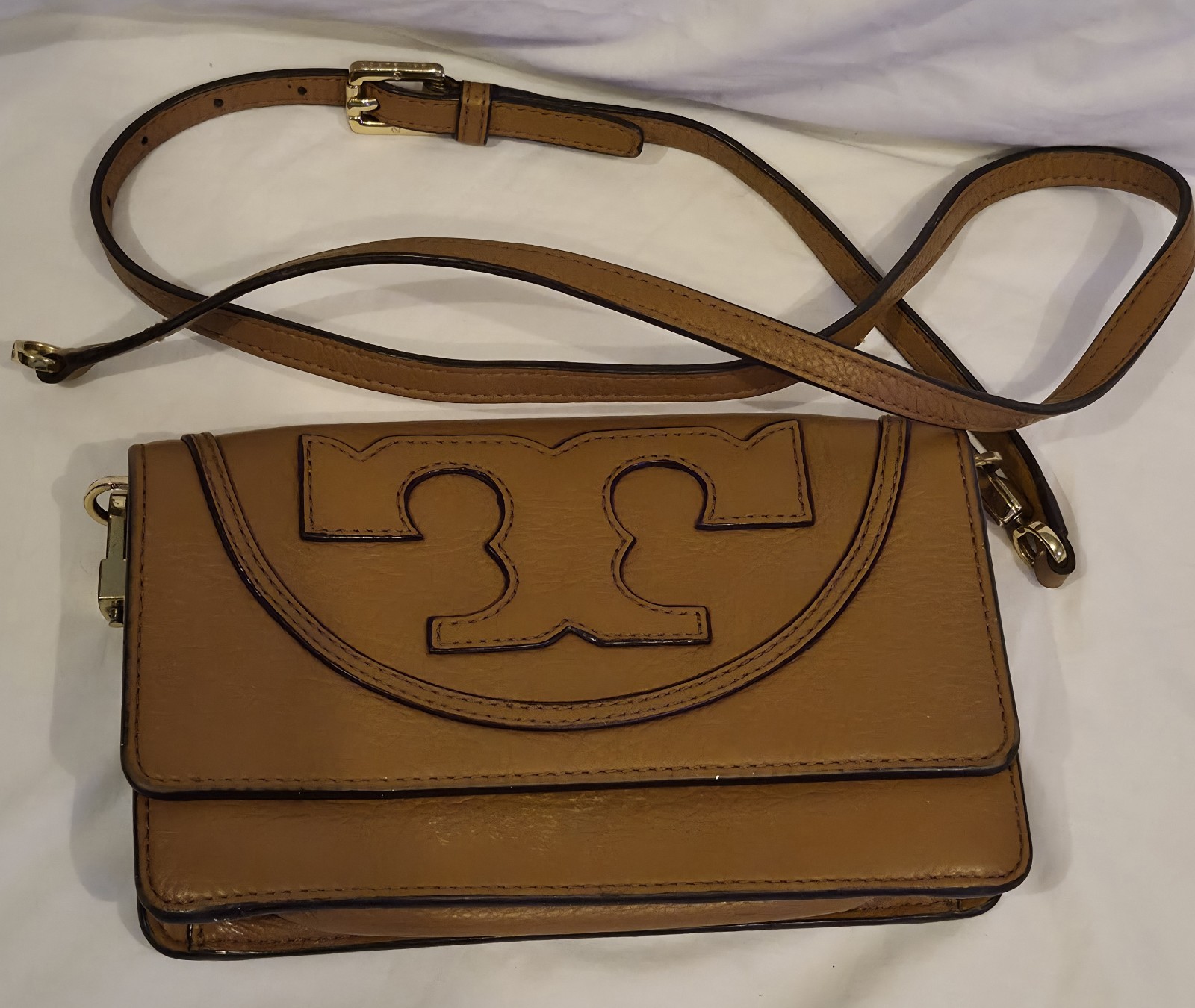 Tory Burch Brown Pebbled Crossbody Bag with Logo, Magnetic Closure, Gold
