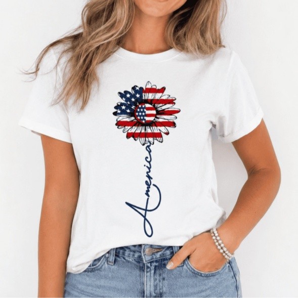 Patriotic USA Flag Sunflower Graphic Tee – America Script Floral Summer T-Shirt