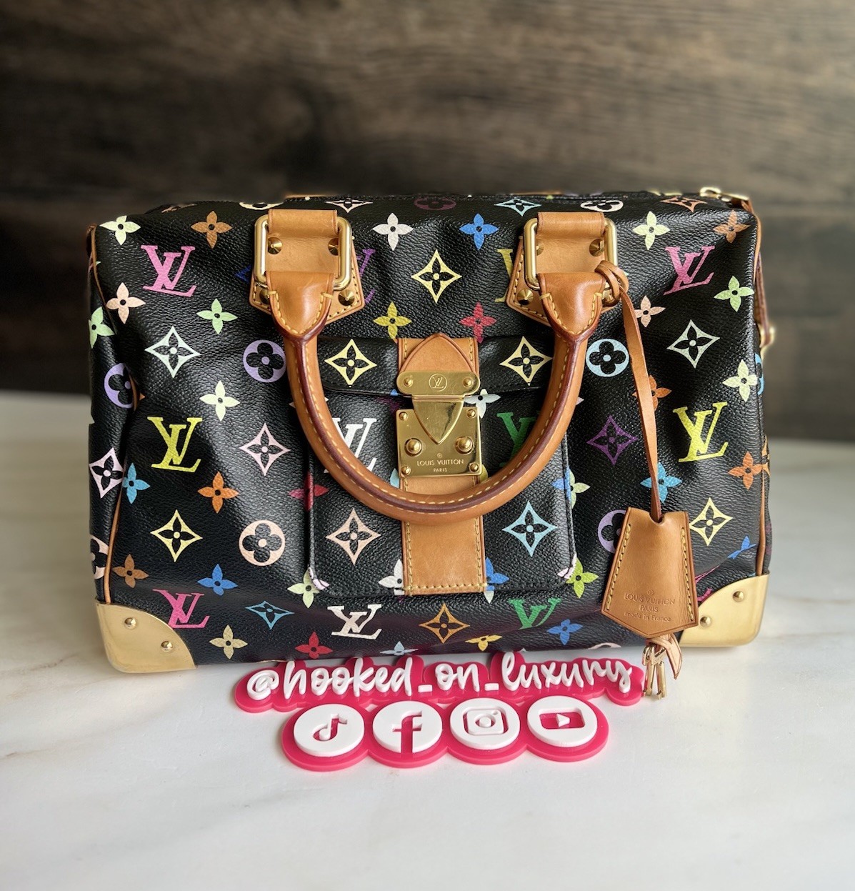 Authentic Louis Vuitton Takashi Murakami Black Multicolor Speedy 30 Handbag Tote
