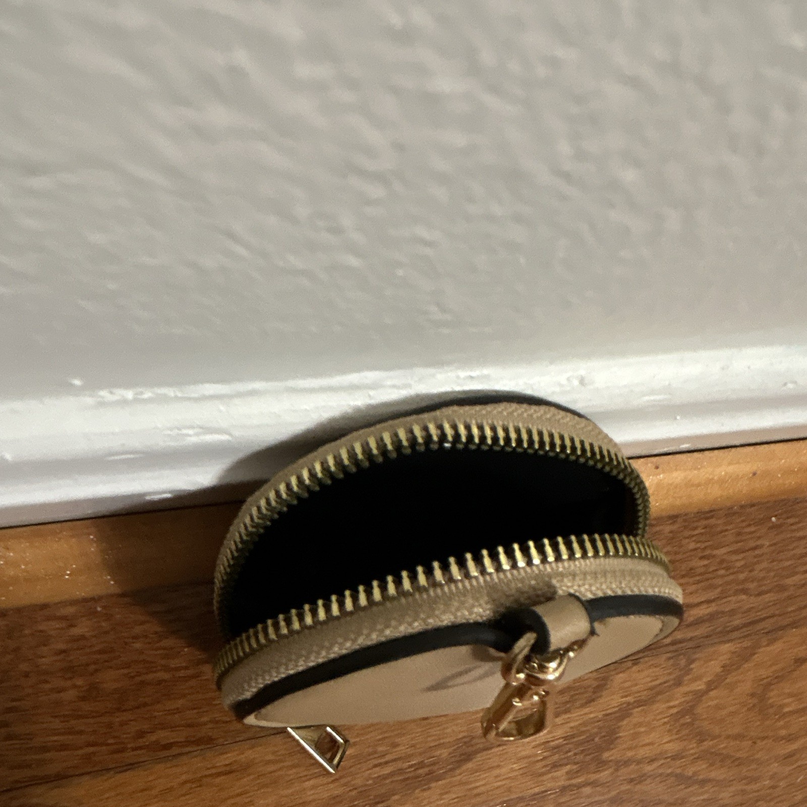 Beige Faux Leather Round Zip Coin Purse Key Chain Solid Women’s
