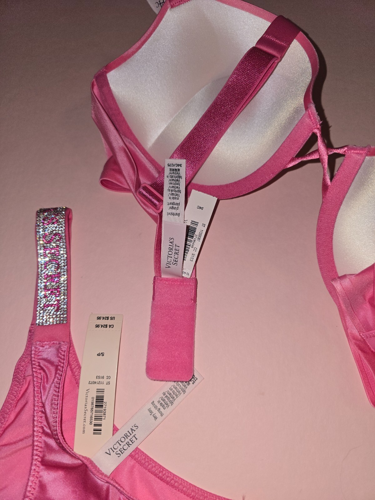 Victoria’s Secret Shine Strap Bombshell Push Up Bra Thong Set Rose Garden NWT
