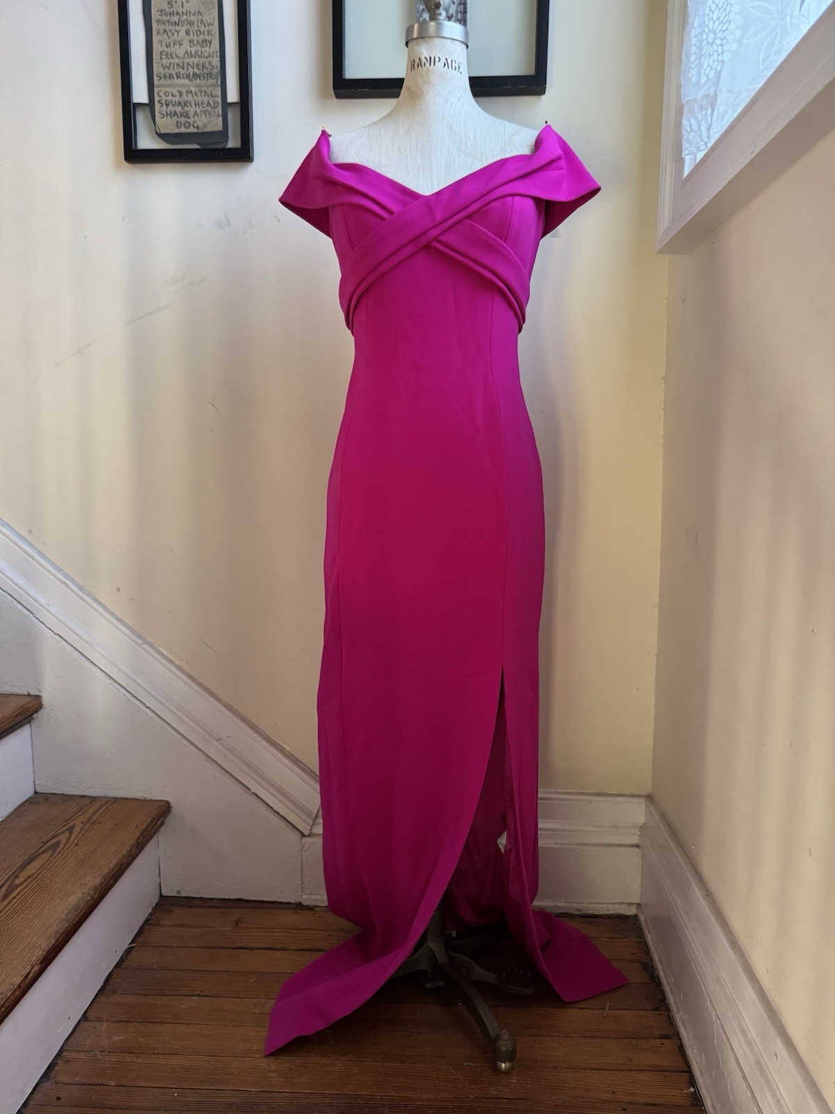 Theia Off Shoulder Column Gown Formal Dress Hot Barbie Pink Fuchsia size 10