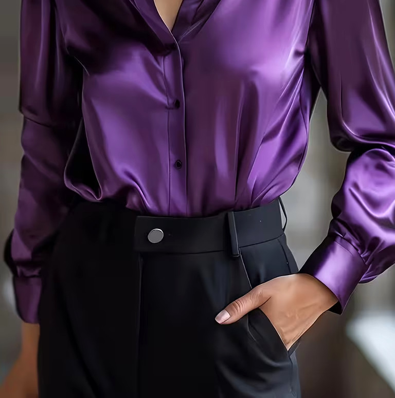 New Classy Elegant Silky Sensuous Purple Satin Long Sleeve Blouse Plus 2XL NEW