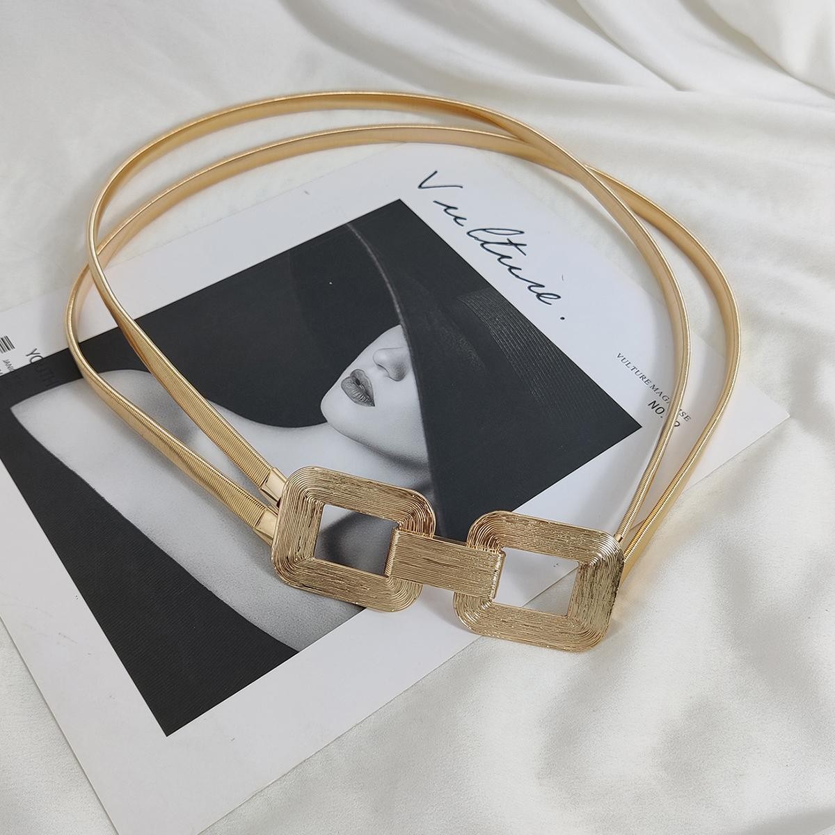 Designer Style Women Elastic Gold Chain Waist Belt Stretch Metal Dress Elegant