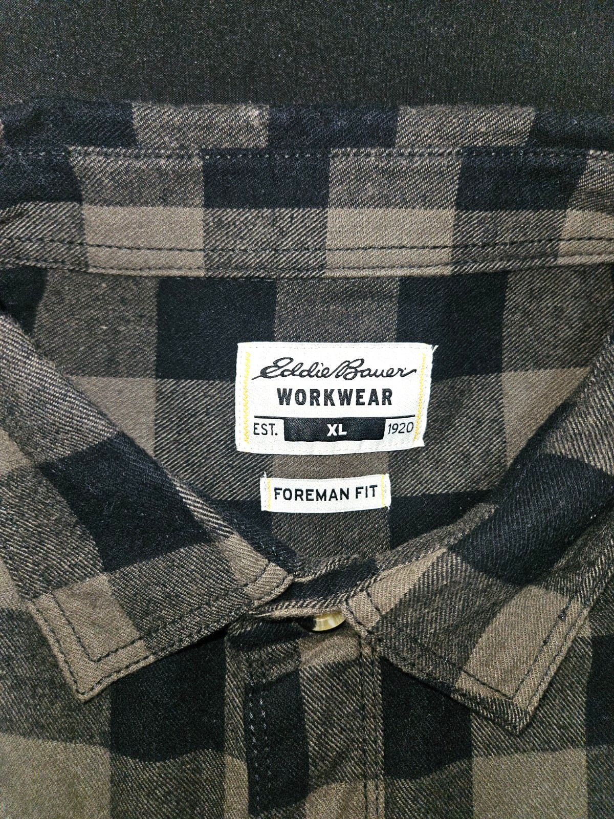 GENUINE EDDIE BAUER XL FLANNEL BROWN BLACK BUFFALO PLAID WORKWEAR FOREMAN FIT PO
