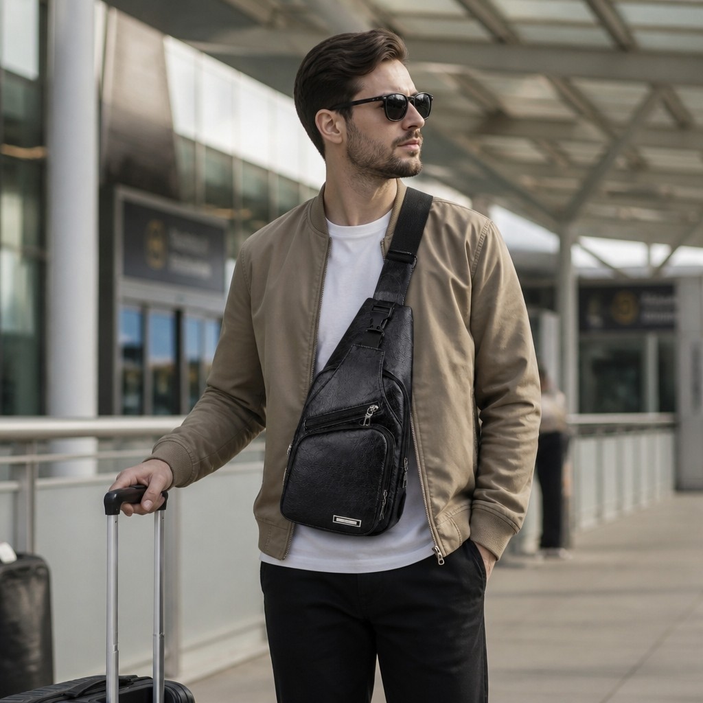 Black Chest Crossbody Bag Sling Backpack for Men with USB Charge Port