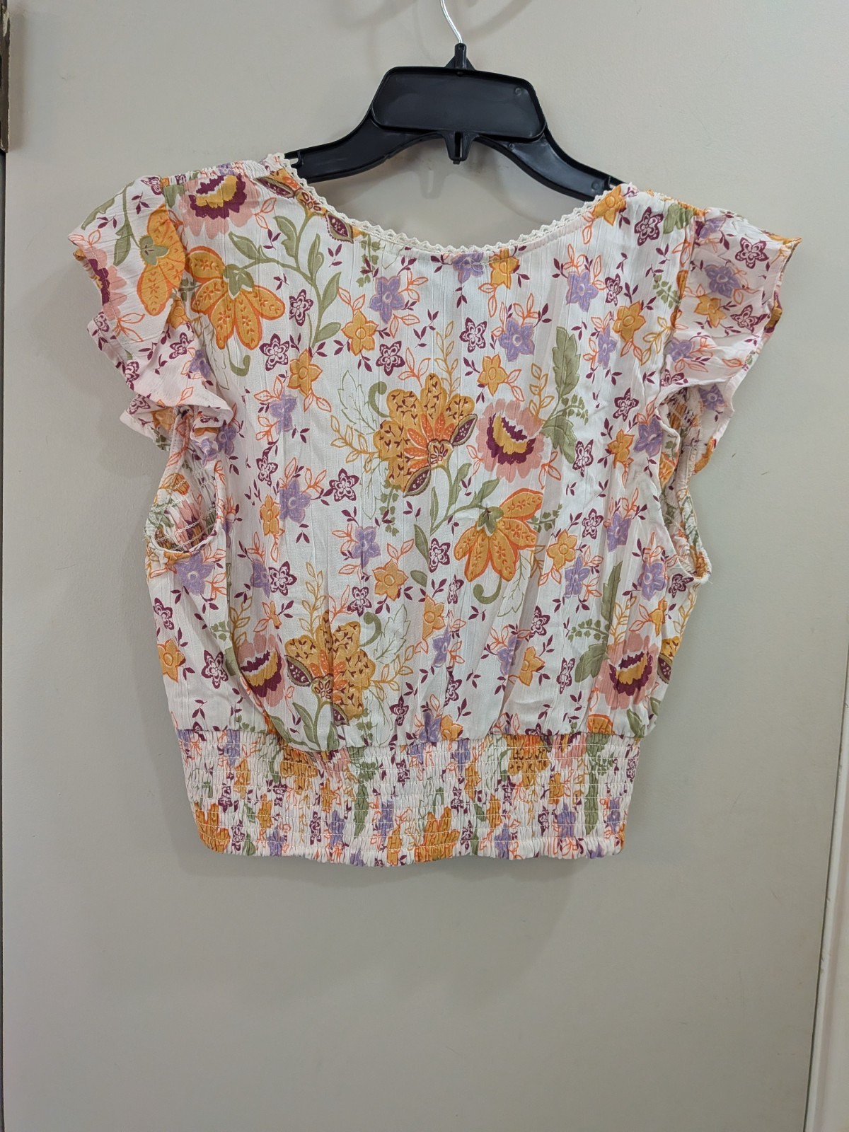 Angie Cap Sleeves Floral Print Low-Cut Crop Top Sz. L MISSES NEW (Runs Small)
