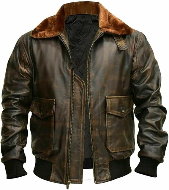 Mens G-1 Fur Collar US Navy Flight Distressed Brown Aviator Genuine Leather Jack