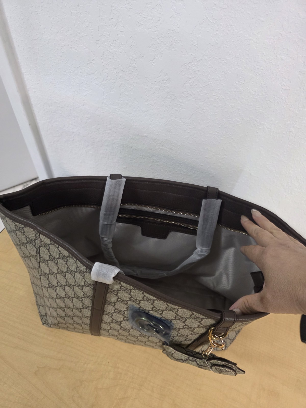 Women’s Tote Shoulder Bag Beige Brown Monogram Pattern with Bow Charm