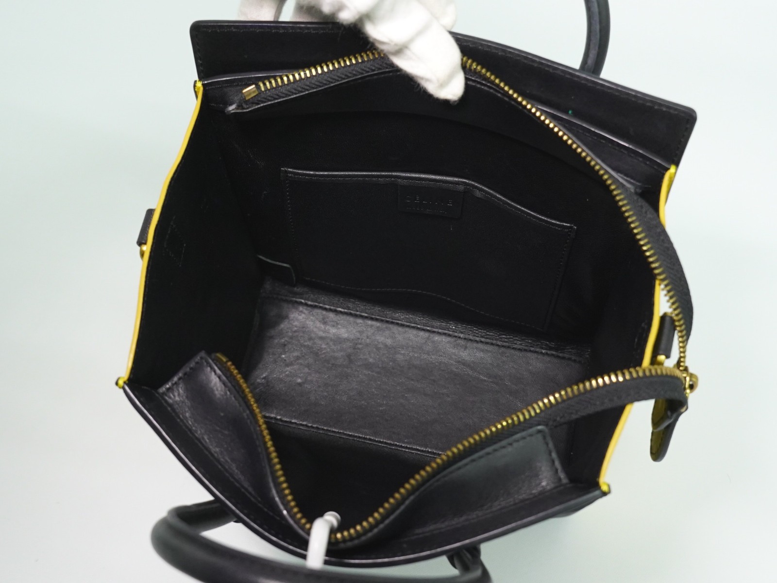 CELINE Luggage Nano Leather 2way Shoulder Handbag Greige Yellow Black