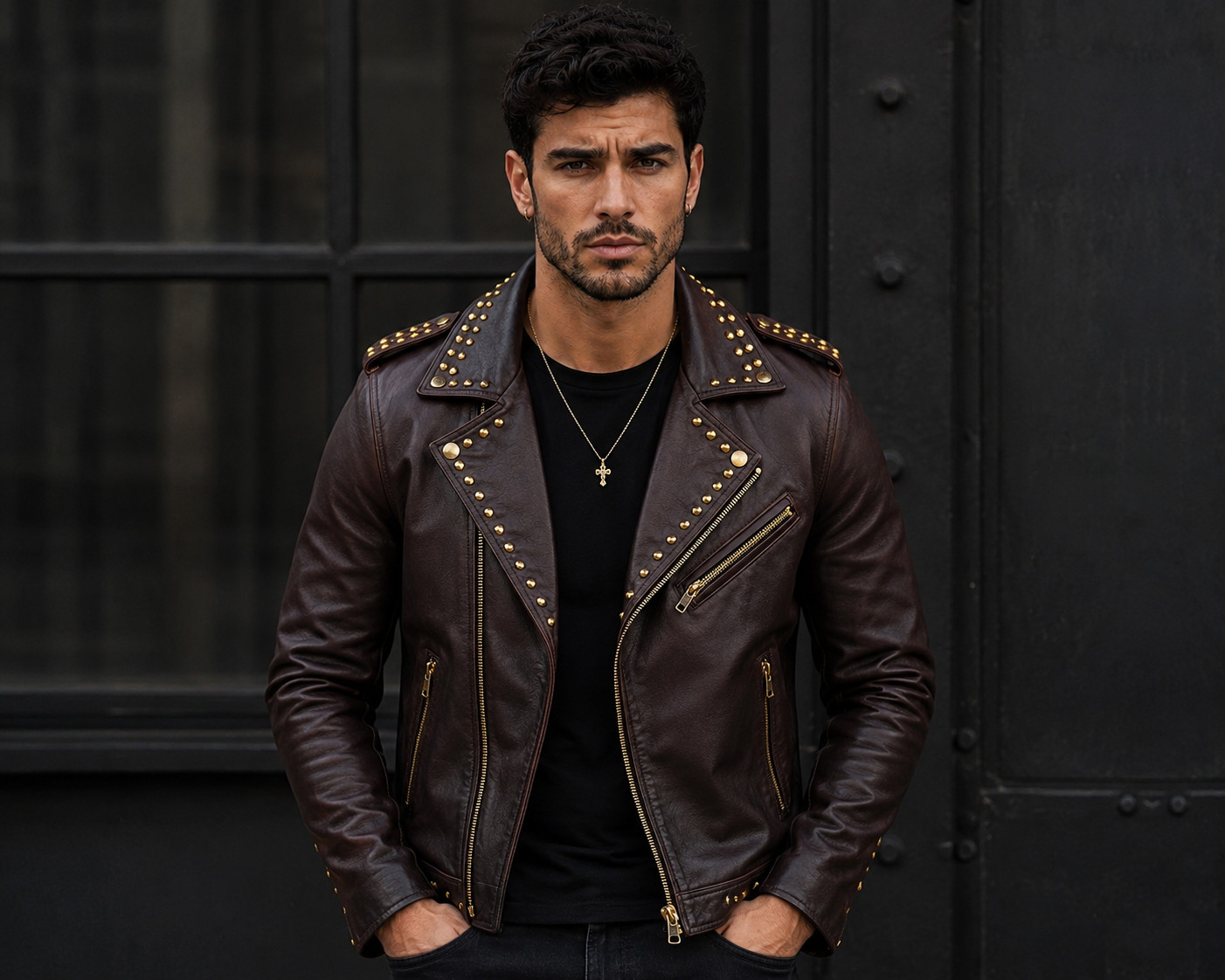 Men’s Brown Studded Leather Biker Jacket – Moto Slim Fit – Punk Rock Zip Up Coat