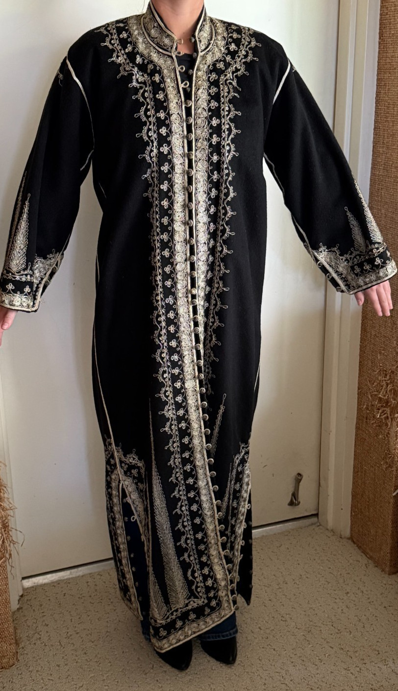 Vintage Handmade Black Wool Caftan Hand Embroidered Artisan Ceremonial Robe Maxi