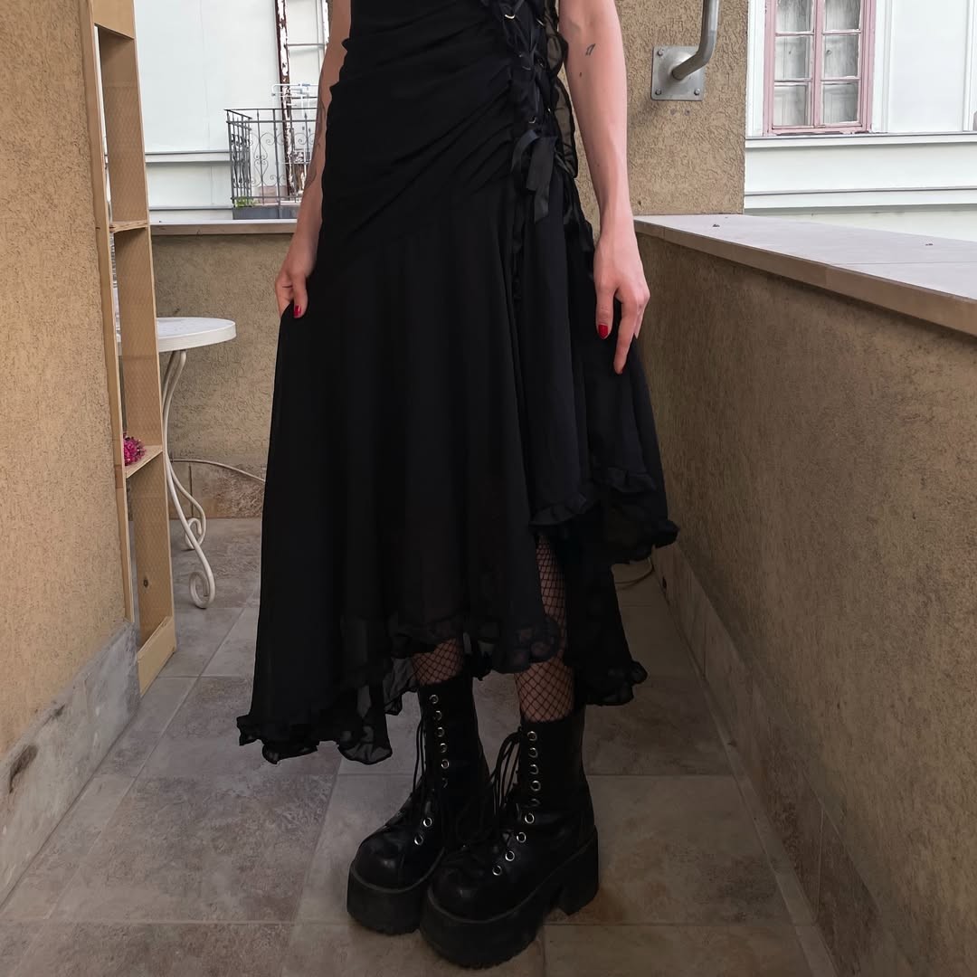 Vintage Whimsigoth Black Midi Dress Side Lace Up Corset Ribbon Ruffle Hem XXS XS