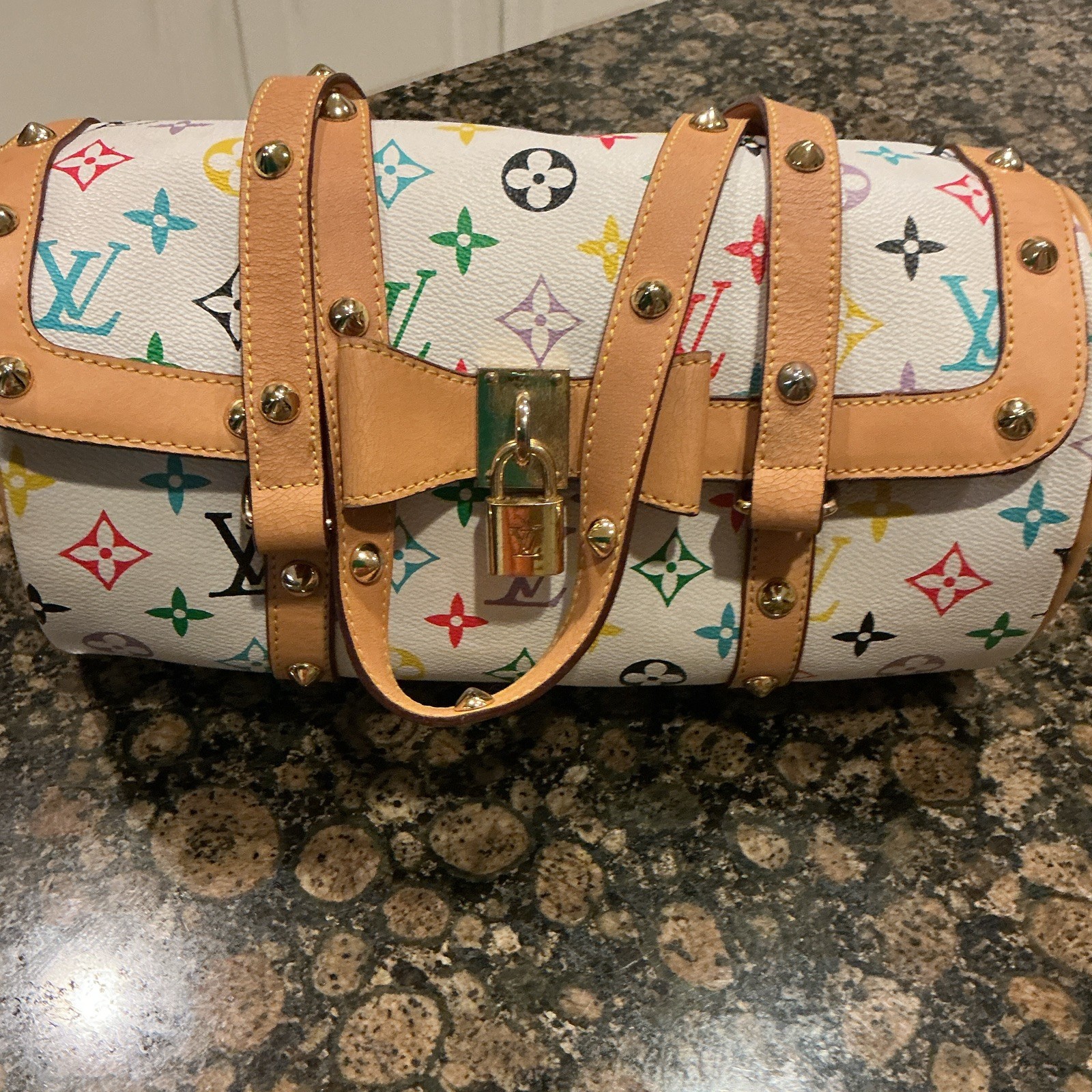 Louis Vuitton Monogram Multicolore White Papillon Cylinder Satchel w/ Padlock