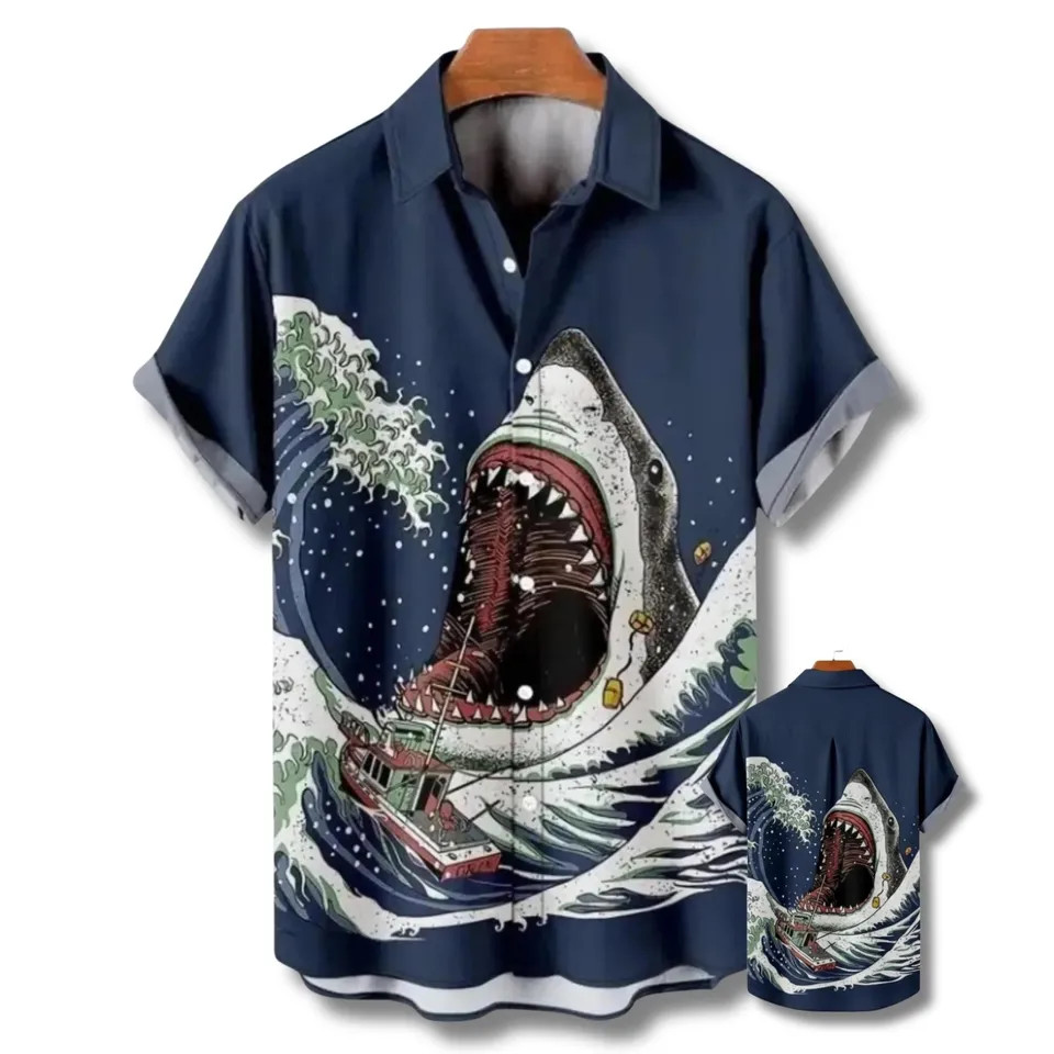 Shark Attack Hawaiian Shirt Ocean Wave Fishing Boat Aloha Button Up Summer Beach