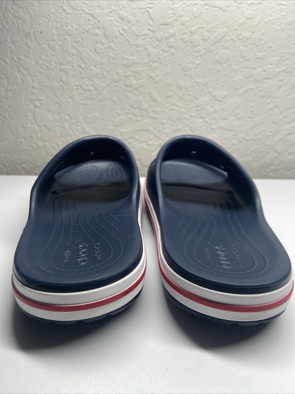 Crocs Adult Bayaband Slides Sandals unisex men’s 6 women’s 8 Red, White, Blue