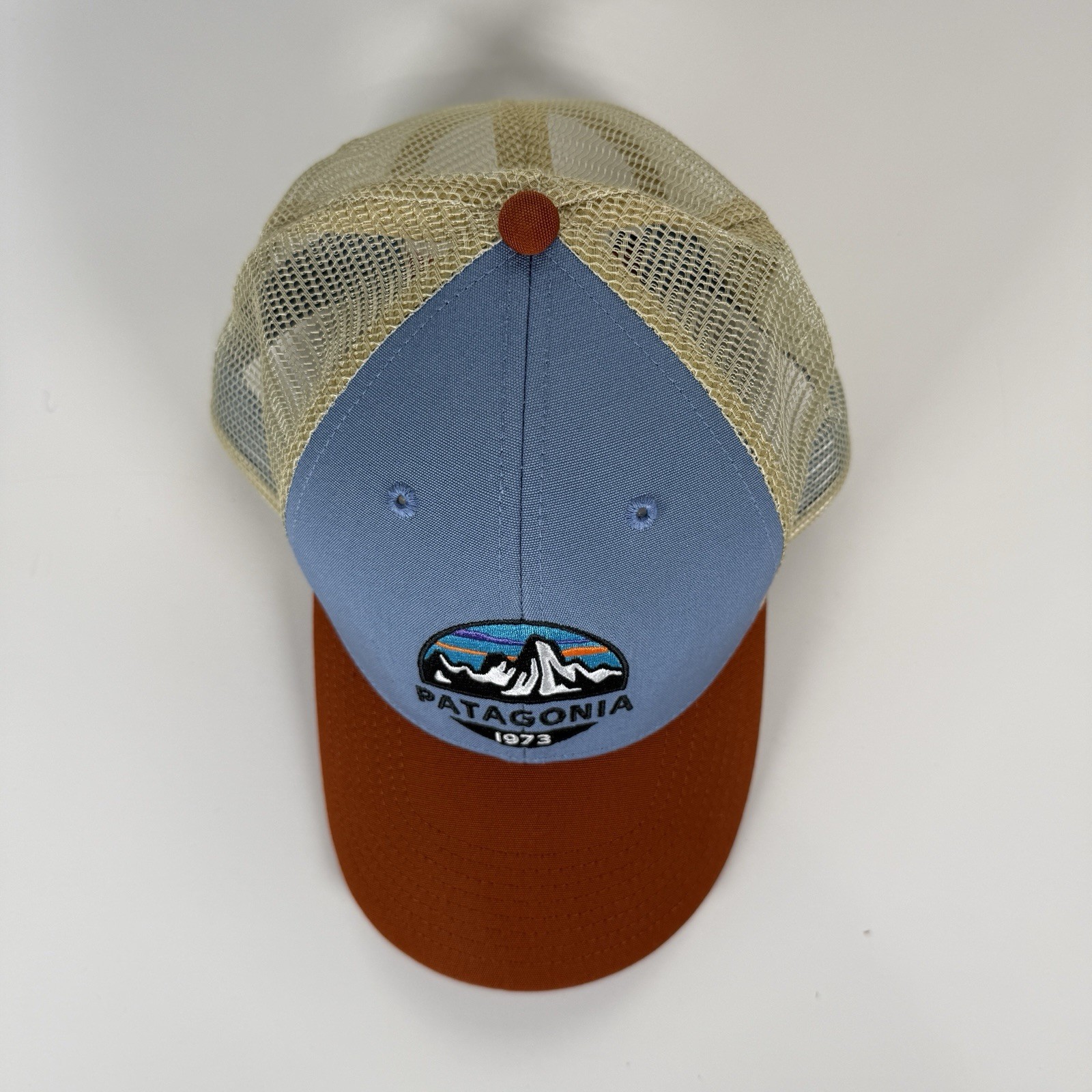 PATAGONIA Fitz Roy Lo-Pro Trucker Hat Mesh Orange Blue Embroidered Mountain Logo