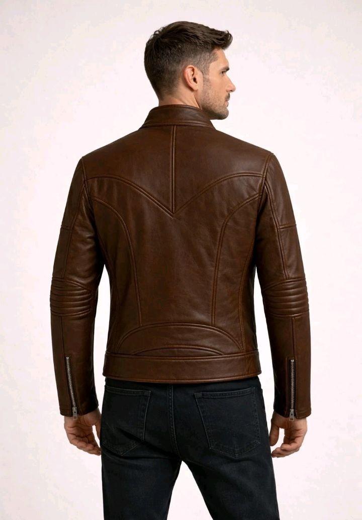 Men’s Brown Leather Jacket Slim Fit Cafe Racer Motorcycle Real Leather Coat