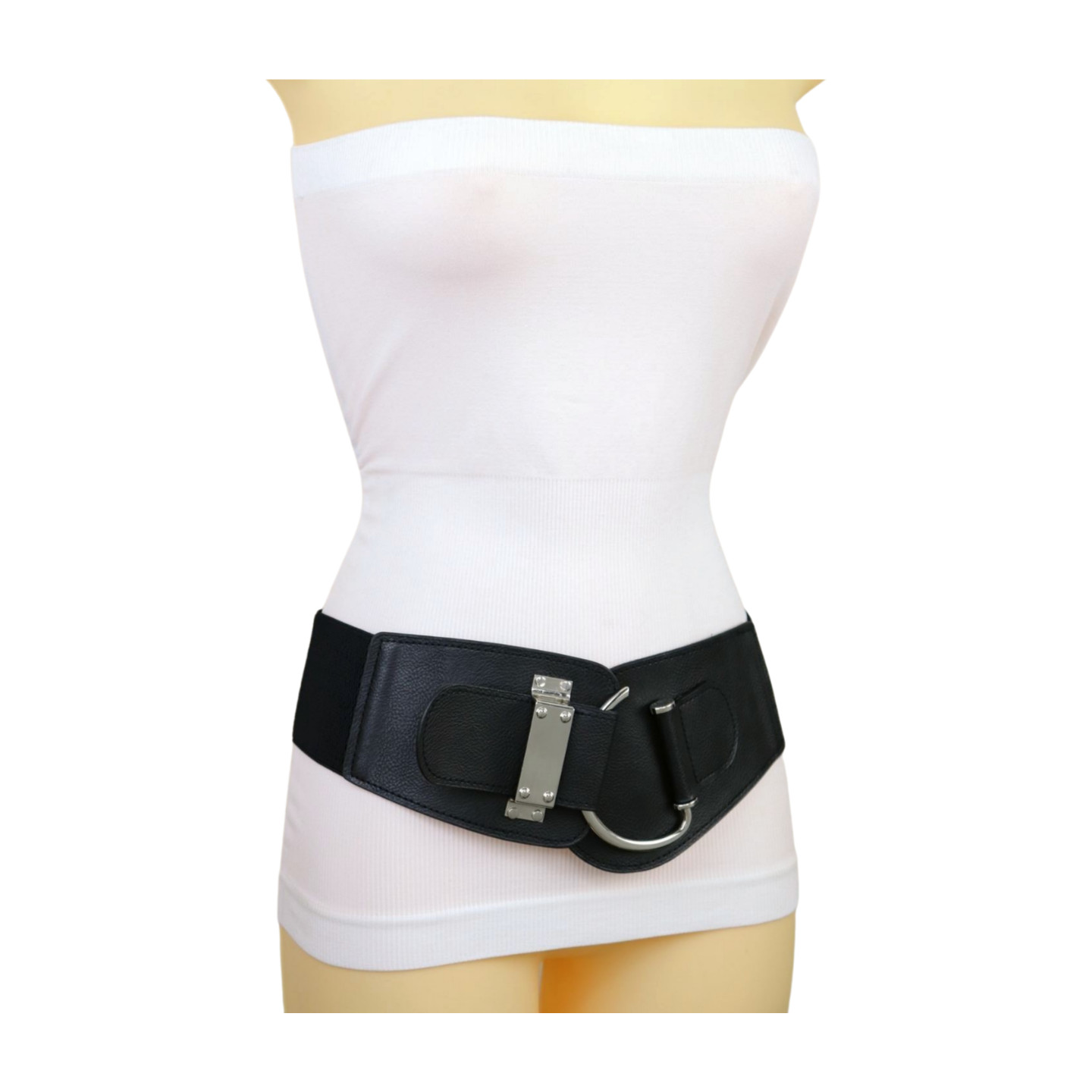 Women Black Wide Elastic Fashion Hip Waist Belt SILVER Metal Hook Buckle Fit S M