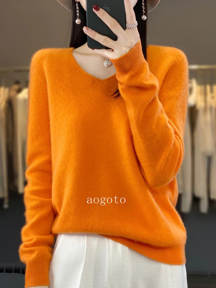 Women’s V-neck Pullover Sweater Knitwear Soft Warm Cashmere Loose Grace Style