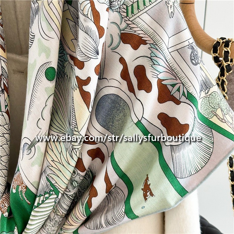 Sallys 70% Cashmere & 30% Silk Wrap Scarf Animals Print Double Face Shawl 53″