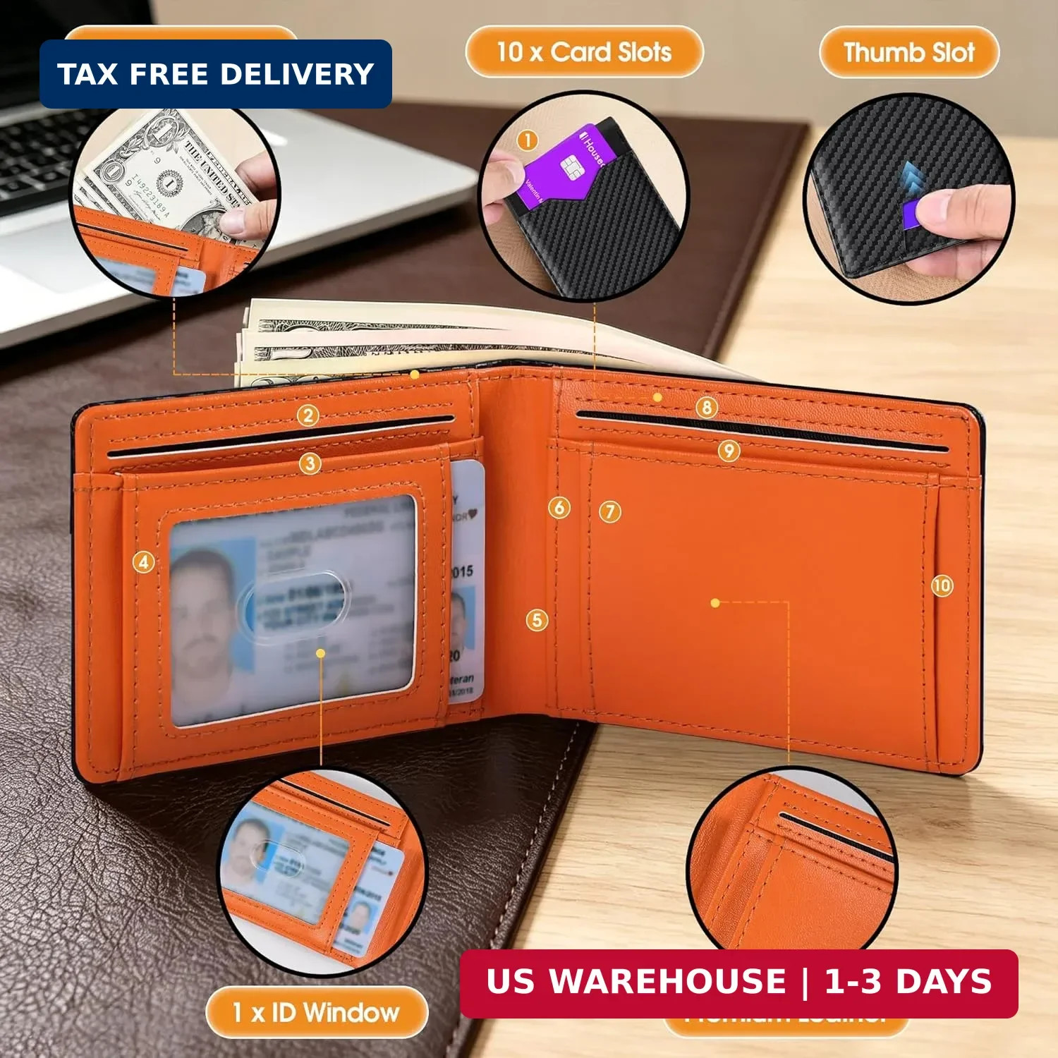 Men’s Slim Carbon Fiber Wallet RFID Blocking Thin Bifold Card Holder 10+ Cards