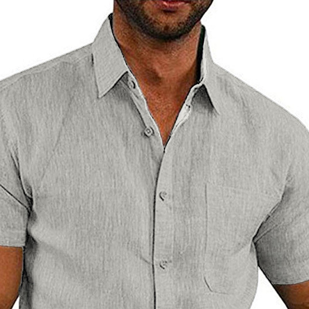Mens Solid Short Sleeve Button Turn Down Collar Casual Blouse Casual T-shirt Top