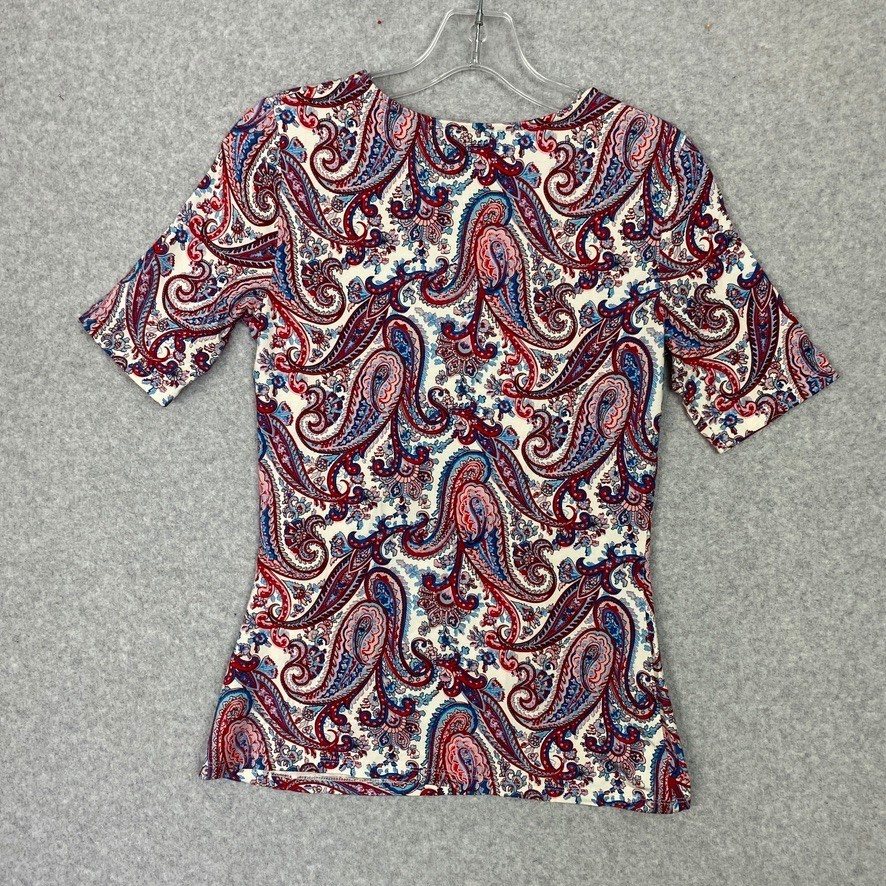 Talbots Top Womens PP Red Blue Paisley Ruched Side Short Sleeve Boho Career